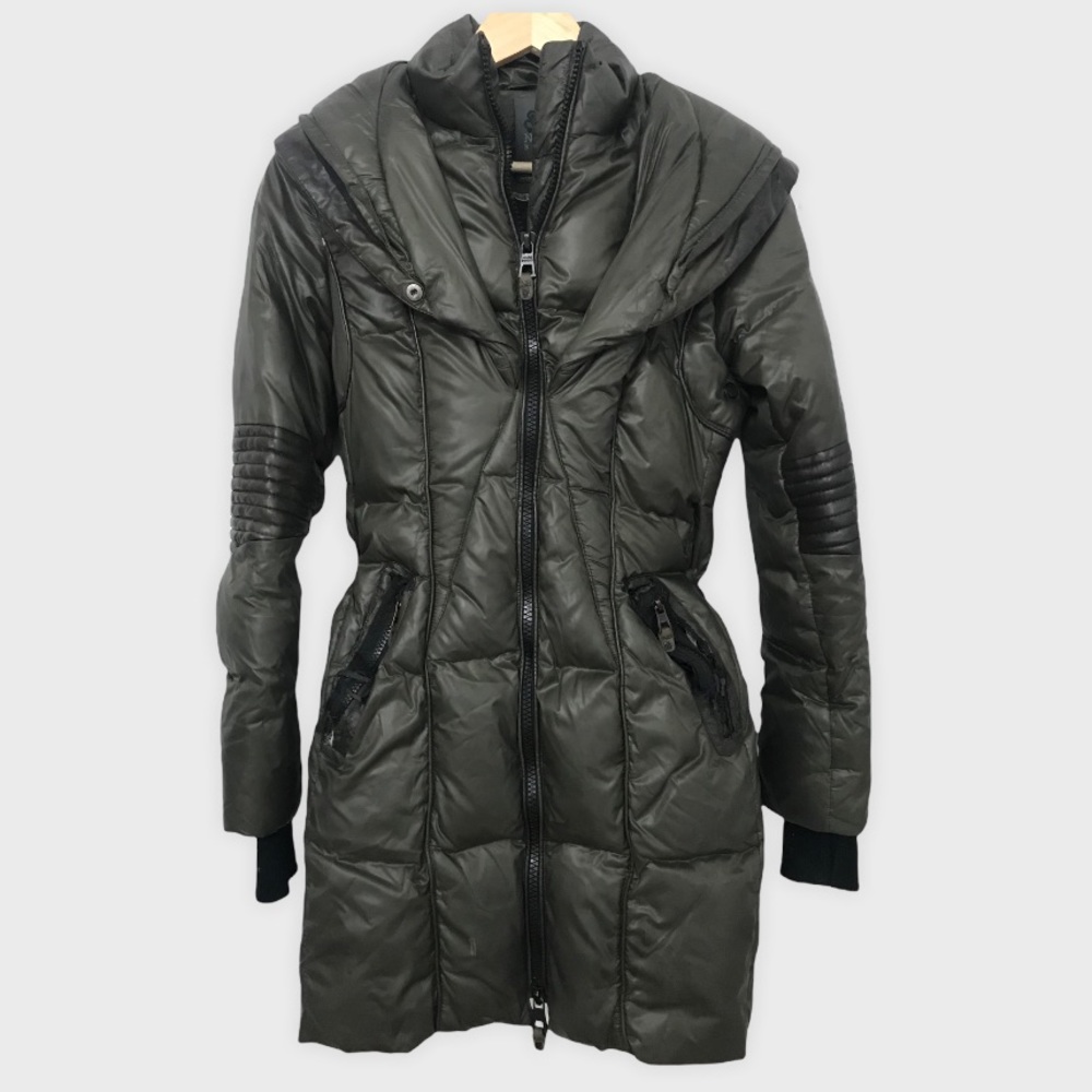 $1300 NICOLE BENISTI LONGLINE GREEN DOWN PUFFER JACKET FULL ZIP HOOD P/S